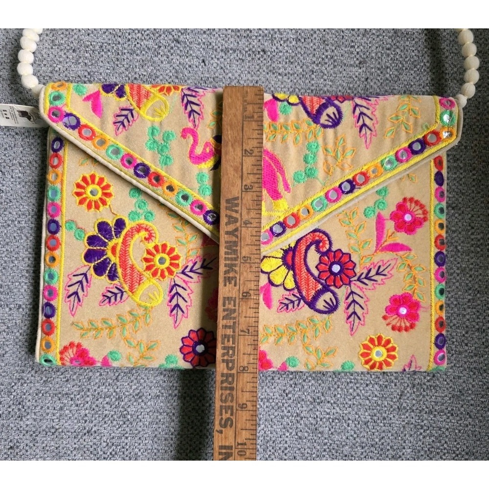 Embroidered Crossbody Bag Elephant PomPom Strap Boho Festival Purse - Picture 14 of 14